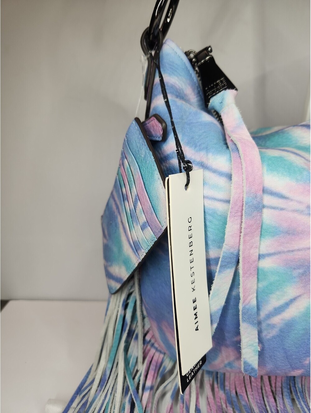 NWT Aimee Kestenberg Kane Convertible Lthr Bag Purse Tie-Dy Blu Pnk fringe RARE! - Picture 6 of 9